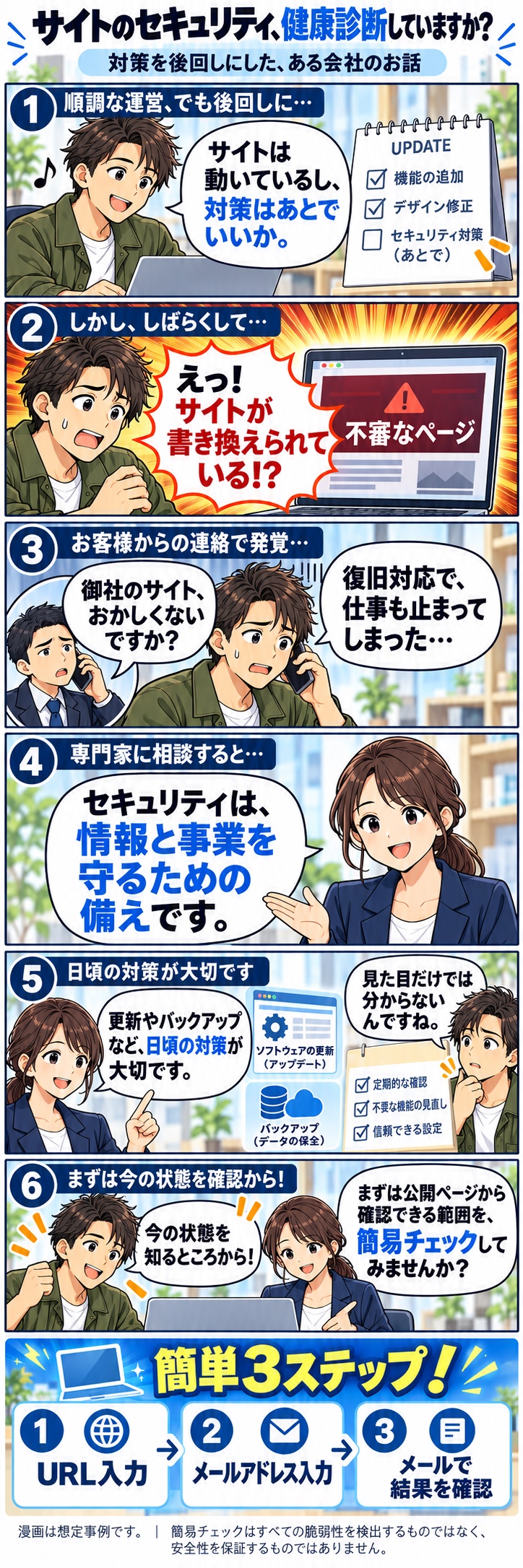 6コマ漫画「サイトのセキュリティ、健康診断していますか？ 対策を後回しにした、ある会社のお話」。1：運営は順調で、担当者は「サイトは動いているし、対策はあとでいいか。」とセキュリティ対策を後回しにする。2：しばらくして、サイトが書き換えられ、不審なページが表示されていることに驚く。3：お客様から「御社のサイト、おかしくないですか？」と電話があり、復旧対応で仕事も止まってしまう。4：専門家に相談すると「セキュリティは、情報と事業を守るための備えです。」と言われる。5：専門家が、ソフトウェアの更新やバックアップなど日頃の対策が大切だと説明し、担当者は「見た目だけでは分からないんですね。」と気づく。6：専門家に「まずは公開ページから確認できる範囲を、簡易チェックしてみませんか？」と勧められ、担当者は今の状態を知るところから始めることにする。最後に「簡単3ステップ！」として、1 URL入力、2 メールアドレス入力、3 メールで結果を確認、の流れを示す。注記：漫画は想定事例です。簡易チェックはすべての脆弱性を検出するものではなく、安全性を保証するものではありません。